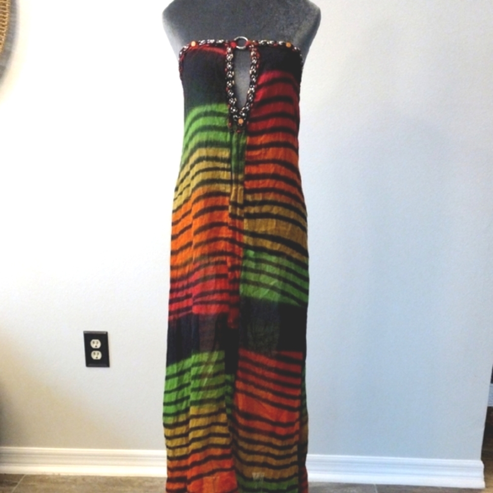 Beaded Strapless Rasta Beach Cover-up/Dress, Size L